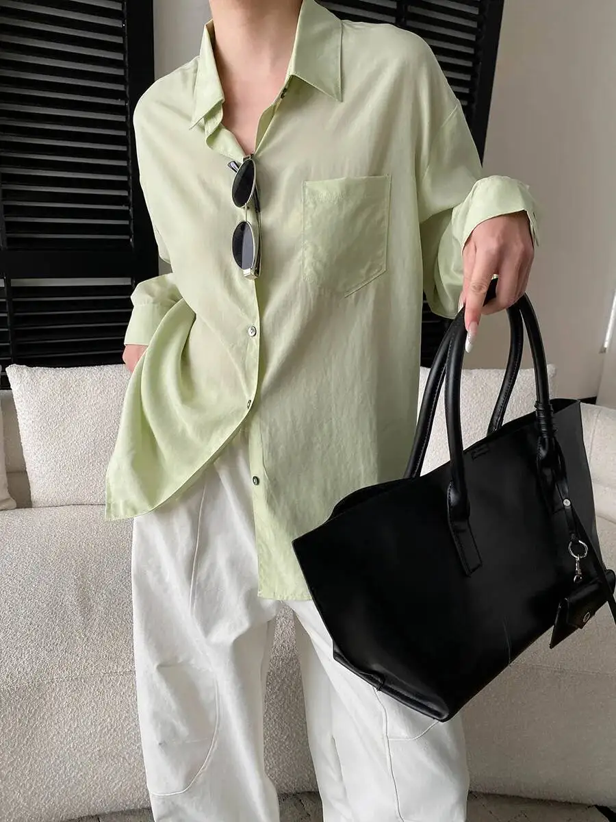 

Spring 100% Lyocell Shirts Women Turn Down Collar Loose Pocket Casual Long-sleeve Shirt