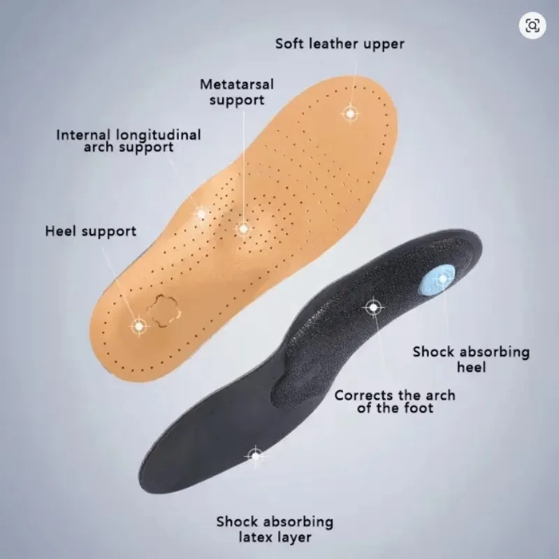 1 Paar orthopädische Einlegesohlen zur Unterstützung des Fußgewölbes bei Plattfüßen, atmungsaktive Einlegesohlen aus Leder, stoßdämpfende Schuhsohle aus Latex, weiche, bequeme Schuhpolster – Detail 3