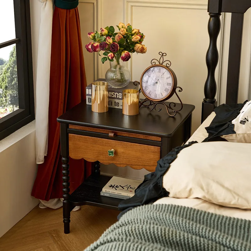 

French retro solid wood bedside table, household bedroom bedside storage cabinet, antique light luxury side cabinet, storage