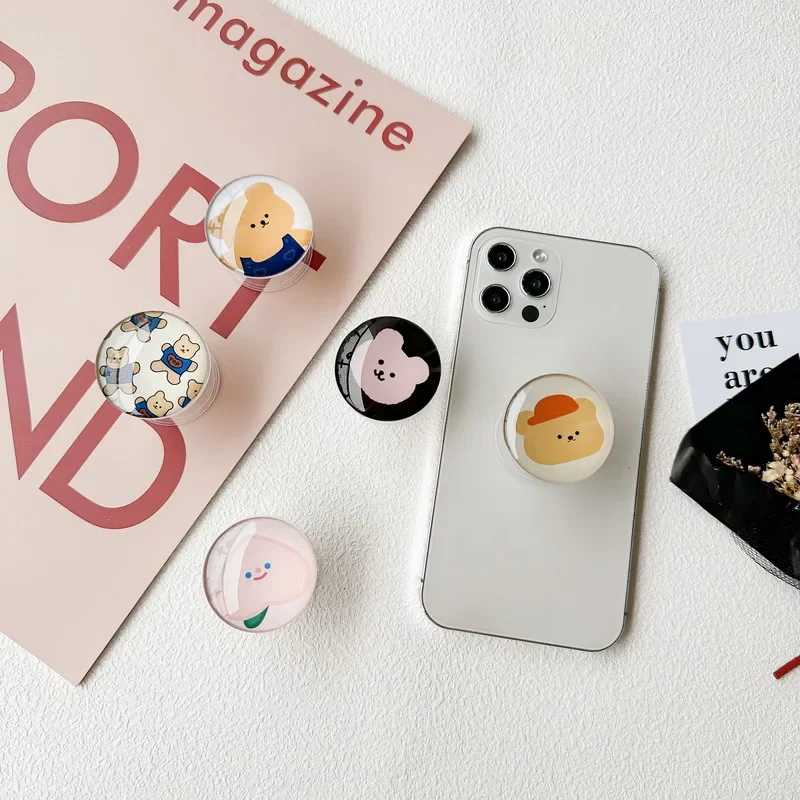 

Круглый чехол для телефона из хрустального стекла с настольной подставкой, выдвижной плюшевый мишка, персиковый стиль, маленький свежий и портативный