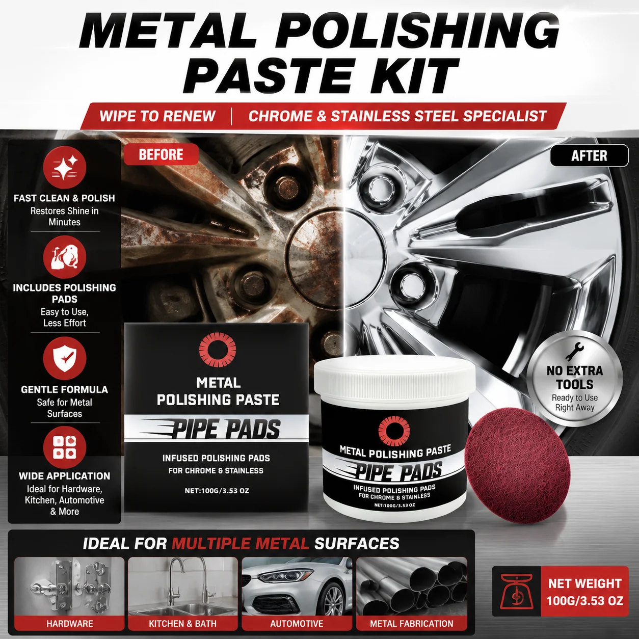 Metal Polishing Cream Kit Chrome Cleaner Polish Stainless Steel Polish Paste Auto Metal Scratch Remover Care Set 100g Autocare view 5