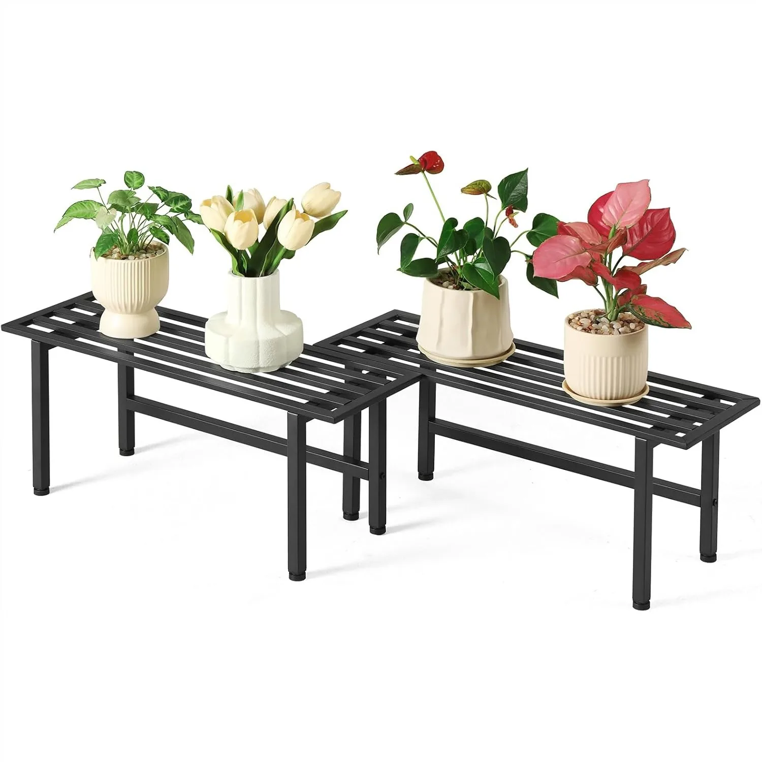 

2 Pack Metal Plant Stand Outdoor Indoor, 1 Tier Heavy Duty Shelf for Multiple Plants, 26"L x 10.12"H x 8.75"W, Black