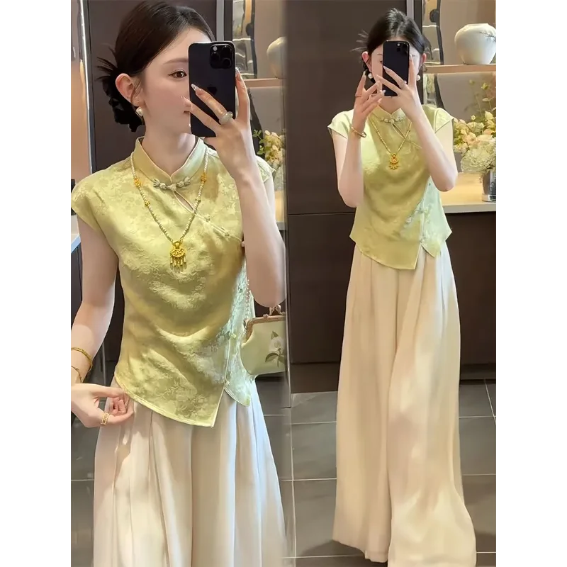 

Women's Chinese Style 2 Piece Set Stand Collar Top & Wide Leg Pants Summer Casual Outfit
