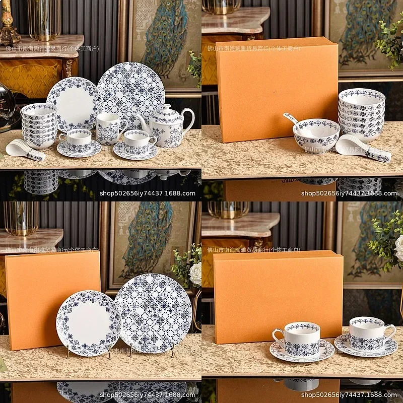 Classic Monogram Blue White Porcelain Style Coffee Cup Dinner Plate Soup Bowl Teapot Set Home Banquet Tableware Gift Porcelain