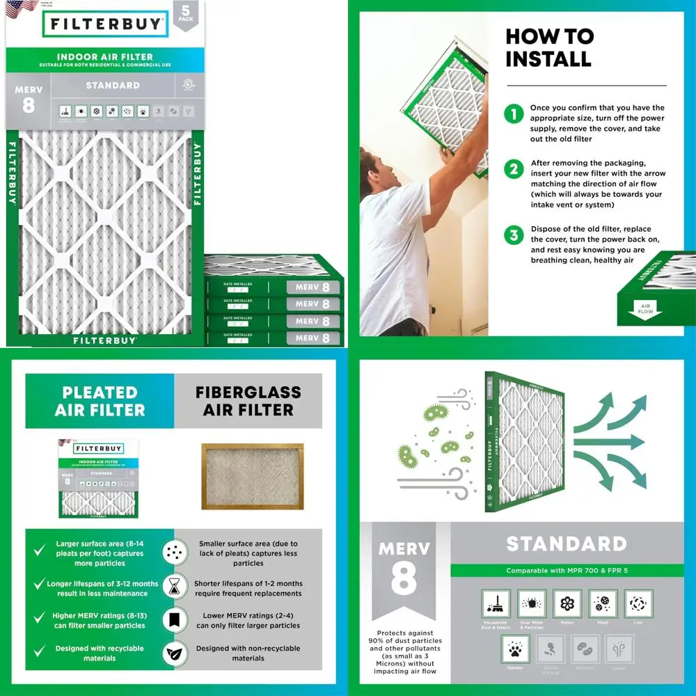 

5-Pack MERV 8 Electrostatic Pleated Air Filters 18x36x1 - Dust Defense HVAC AC Furnace Replacement Filters