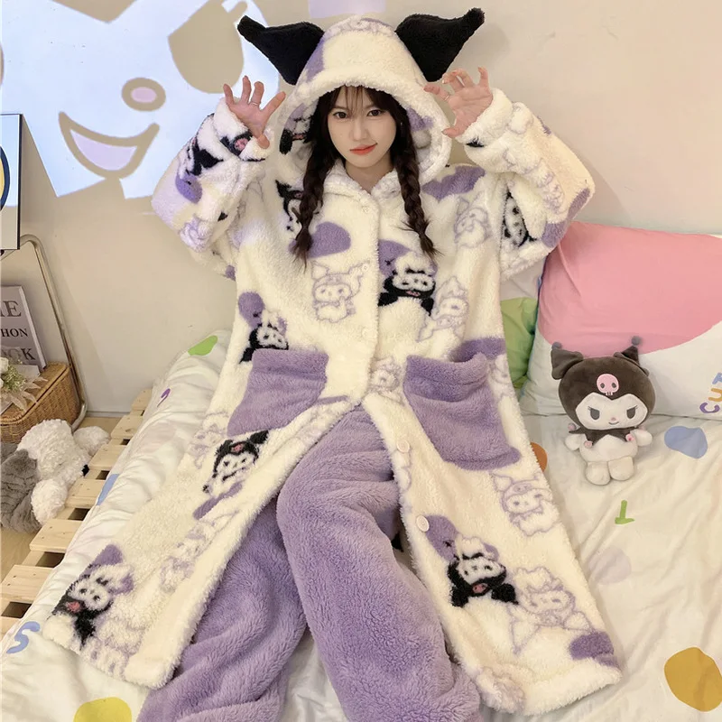 Kuromi Flannel Sleepwear Women Autumn And Winter With Thickened Coral Fleece Nightgown Long Hooded Leisure Loose Home Wear Gift