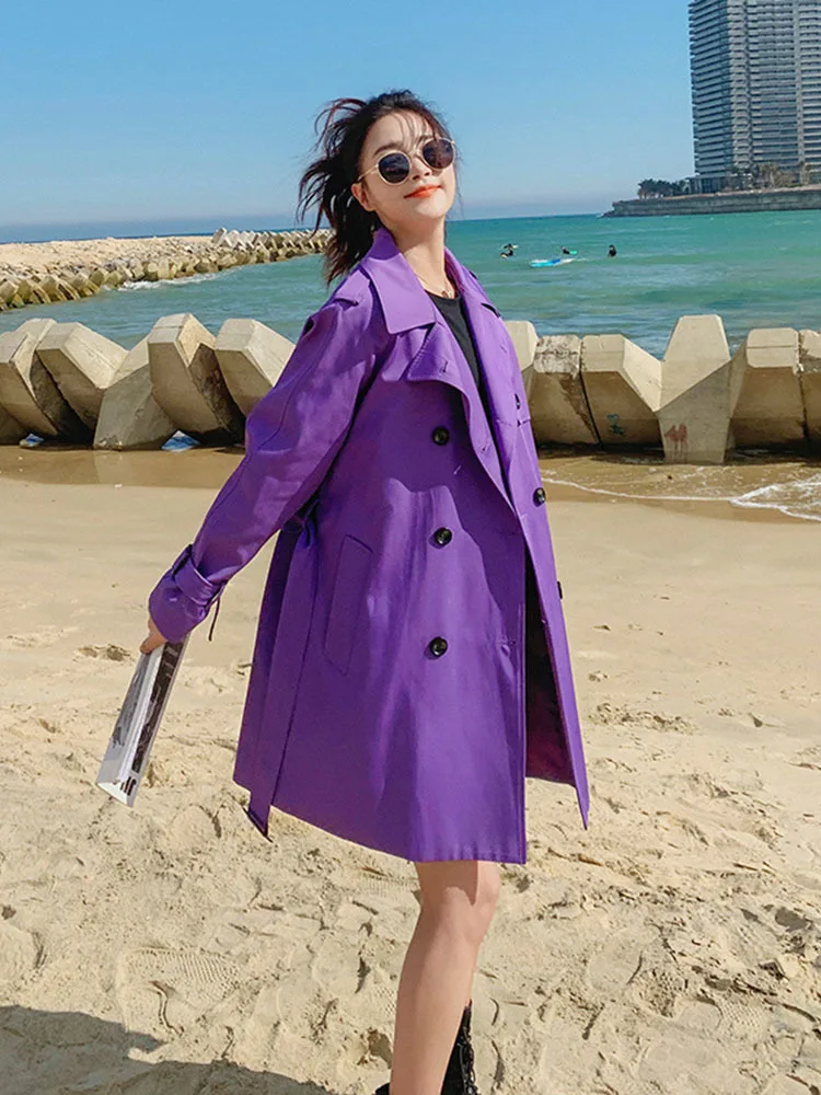 Purple Trench Coat For Women 2023 Autumn New Lapel Double Breasted Fashion Windbreaker Female Streetwear Clothes