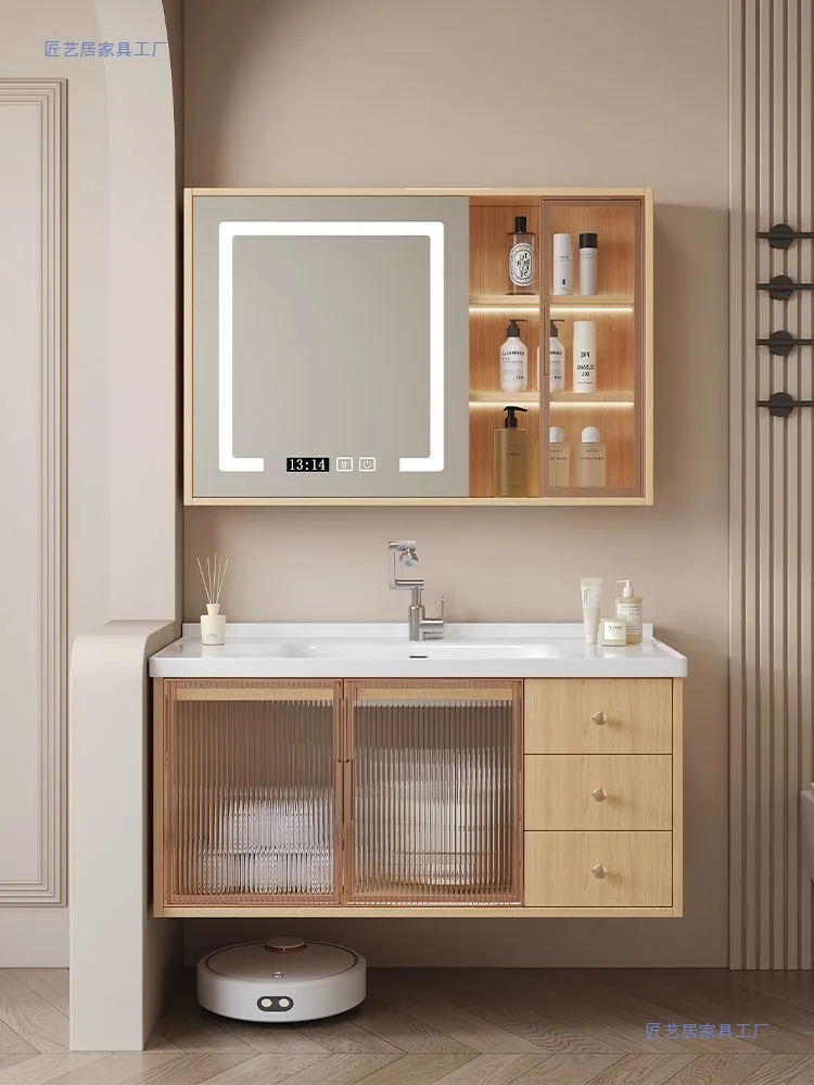 Log color bathroom cabinet intelligent washbasin cabinet combination ceramic integrated washstand bathroom combination