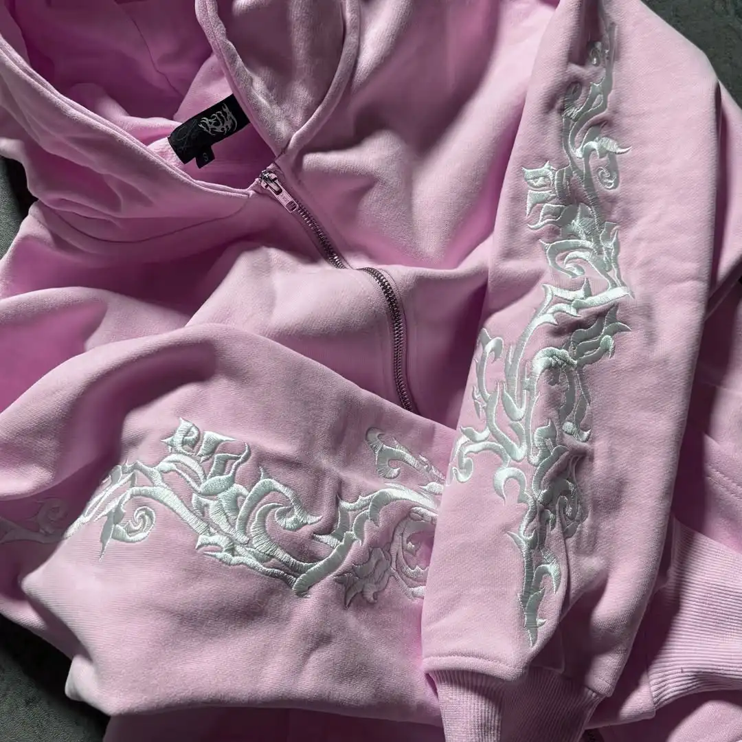 IMU New Fashion High Street Pink Vine Pattern Embroidered Women Sports Hoodie Gothic Harajuku Casual Men and Women Hoodies