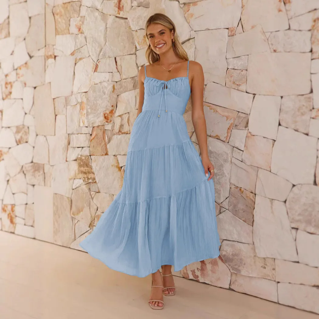 2025 Summer Women Flowy Long Dress Spaghetti Strap Cut Out Backless Ruffle A-line Dress Bohemian Party Holiday Casual Sundress