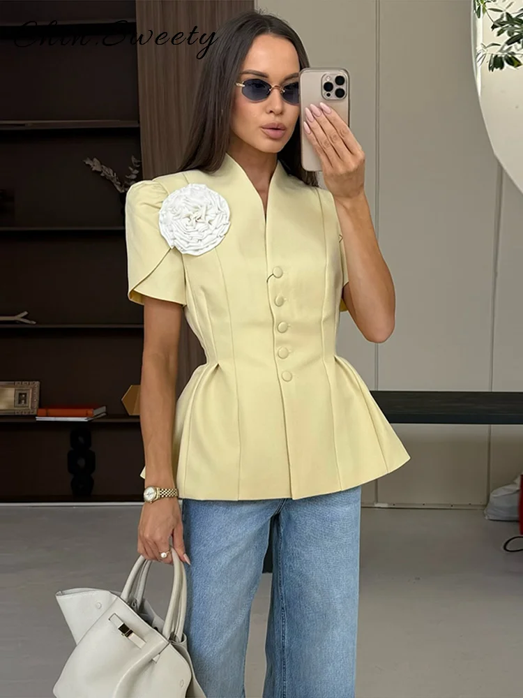

Модная женская куртка с тонкой талией и 3D цветочным принтом, однобортный однобортный плиссированный пиджак с v-образным вырезом и короткими рукавами, 2024, летняя женская верхняя одежда