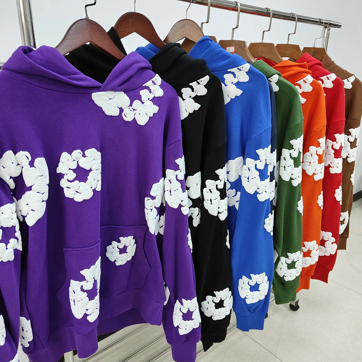 Fashion Top Quality Flower New Men's Women's Same Foam Kapok Printing Pure Cotton Hooded Sweater Trousers Set