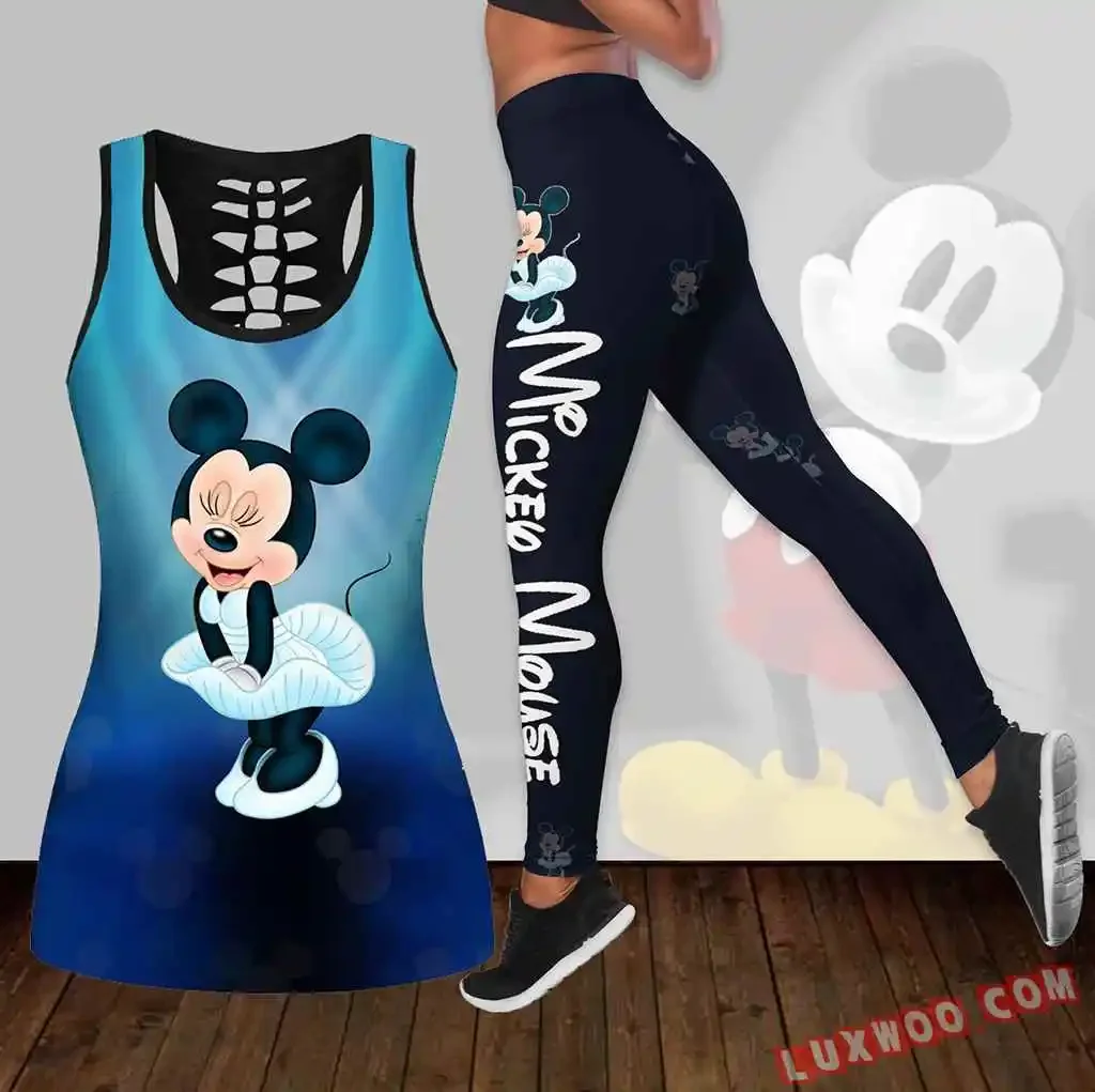 

Женский ажурный жилет и леггинсы Disney Minnie, костюм для йоги, Фитнес-Леггинсы, спортивный костюм, комплект из майки и леггинсов Disney