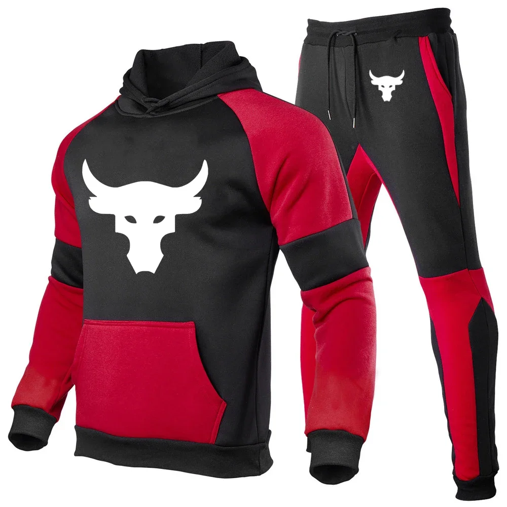 Dwayne Johnson Brahma Bull Tattoo Print Spring Autumn Mens Hooded Hoodies Drawstring Sportswear+Sweatpants Patchwork Cotton Sets