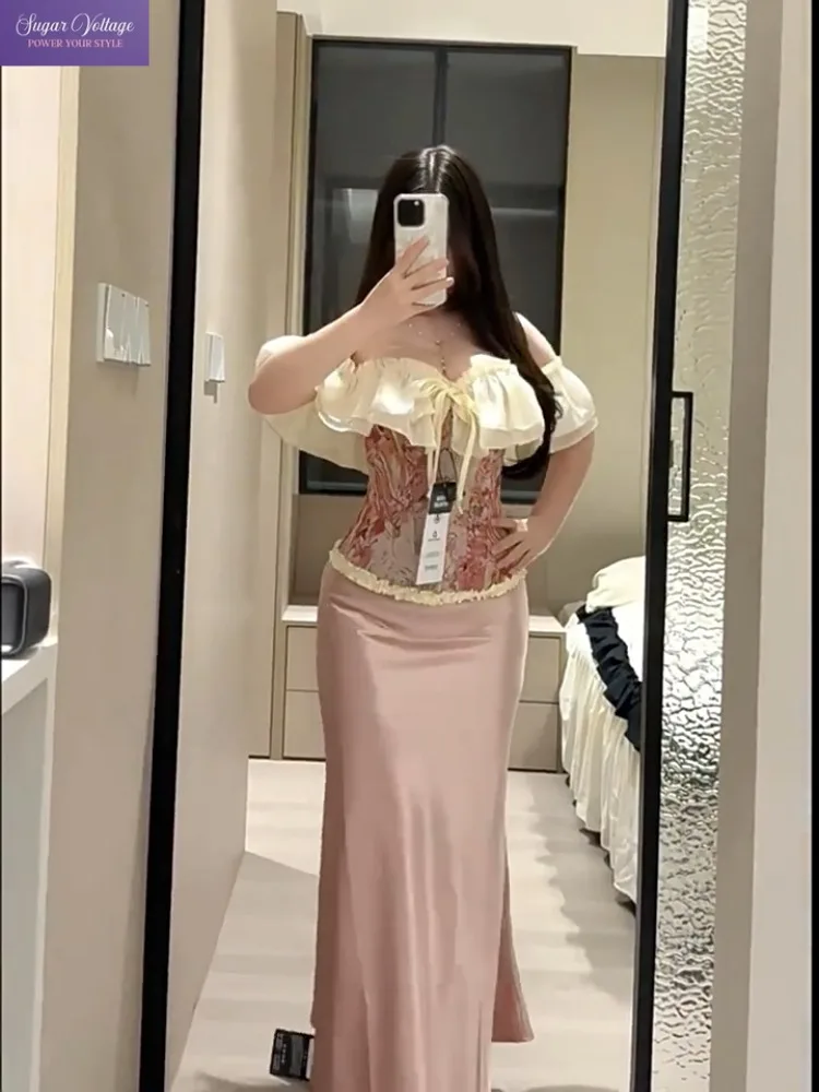 

French Coquette Slim Fit 2 Piece Set Women Off Shoulder Ruffle Floral Corset Top High Waist Bodycon Midi Skirt Party Outfit
