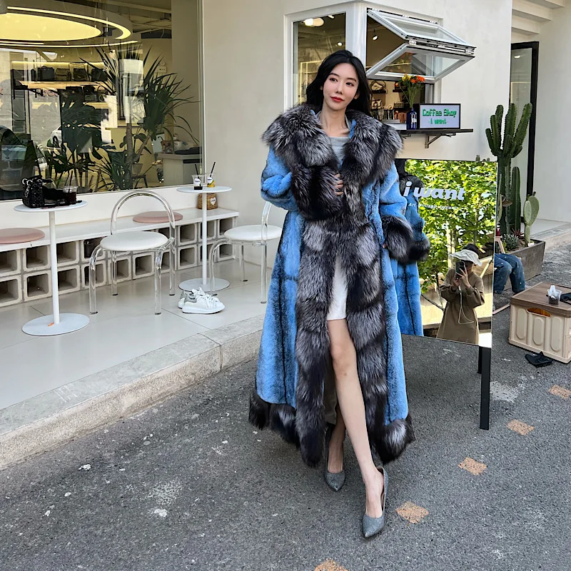 2023Women Real Rex Rabbit Fur Coats With Fox Lapel Collar Natural Whole Skin Genuine Fur Long Jackets Overcoat Winter