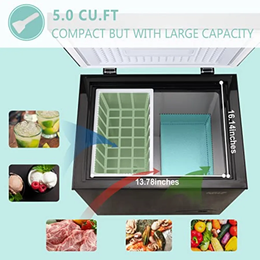 فريزر صغير الحجم مع سلة قابلة للإزالة 5.0 قدم مكعب، باب علوي مفتوح، فريزر عميق قائم بذاته يتميز بـ 7 مستويات لدرجة الحرارة
