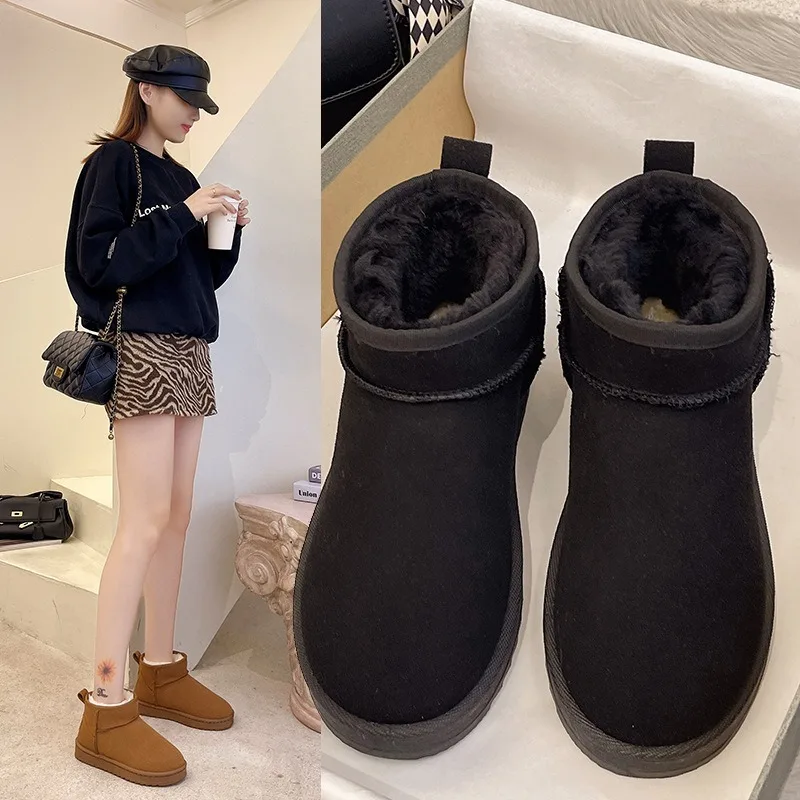 Sepatu bot wol alami untuk wanita, sepatu bot pendek musim dingin, sepatu bot Suede palsu tahan air, sepatu bot wol alami, sepatu bot pendek semata kaki, sepatu datar hangat untuk wanita