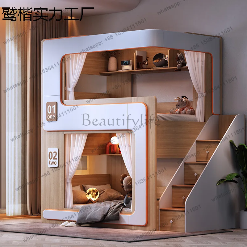 Small apartment bunk double-layer children's suspended bed feeling high guardrail high and low child and mother combination bed