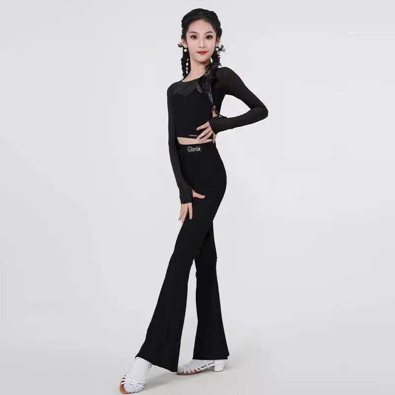 Children's Latin Dance Costume Girls' Long-sleeved Split Suit Mesh Top Flared Pants New