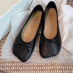 Butterfly-knot Shoes for Ladies Square Toes Women Low Heels Bow-tied Zapatos De Mujer Solid Shallow Sewing Lines Female Ballets