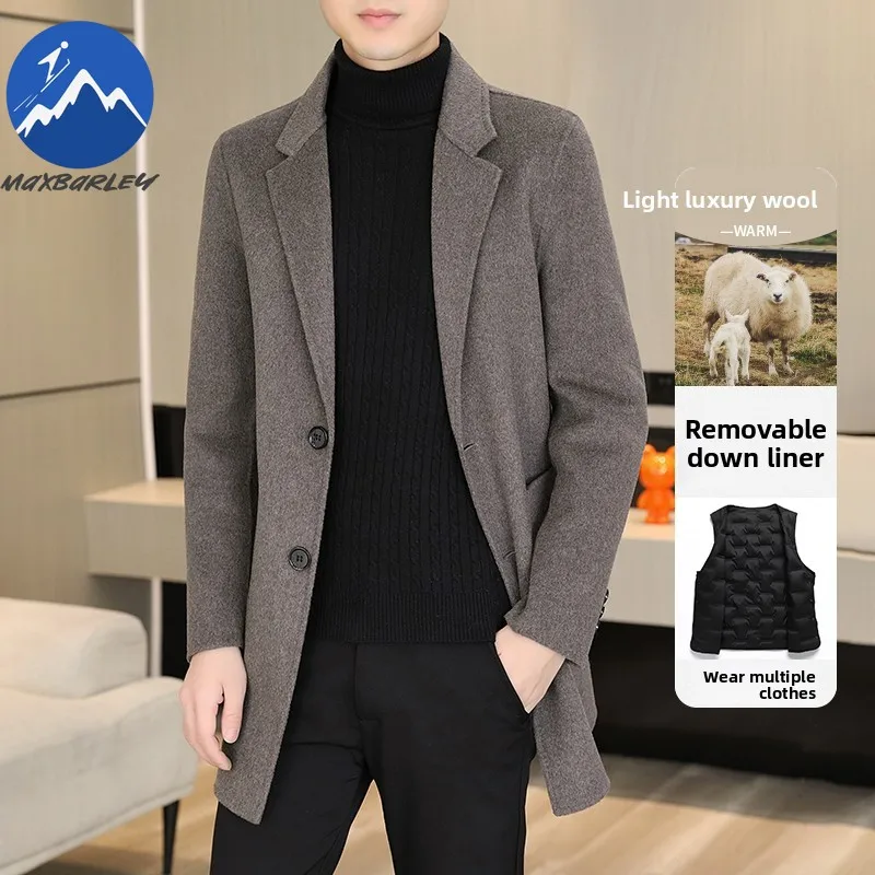 Maxbarley Woolen Coat Classics Suit Collar Working Windproof Wool Jacket Mens Casual Detachable Down Lining Fashion TrenchCoat