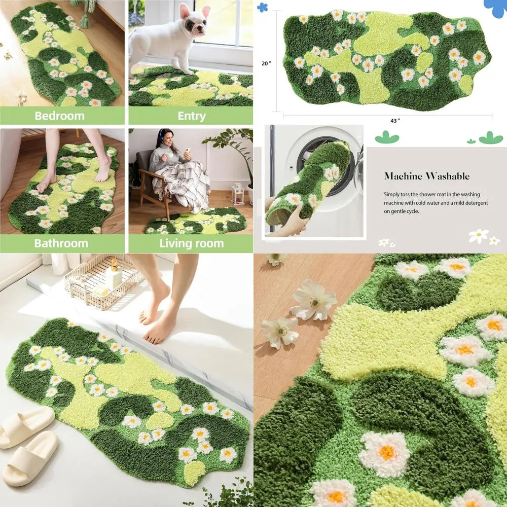 

Green Moss Bath Mat with White Flowers, Non-Slip, Soft and Washable, 43x20 inches