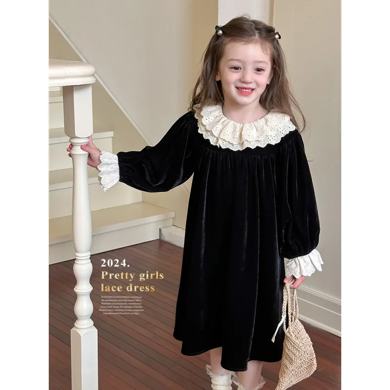 

Aimo Beibei Children's Autumn Princess Dress Medium and Large Little Girl Dress Sweet Lace Lace Collar Velvet Dress