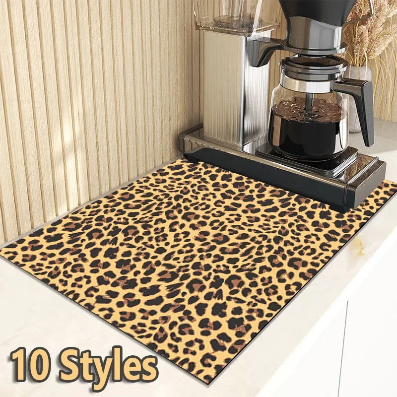 

Leopard Print Drain Pad Absorbent Abstract Dish Drying Mats Rubber Tableware Draining Dinnerware Cup Bottl Placemat for Kitchen