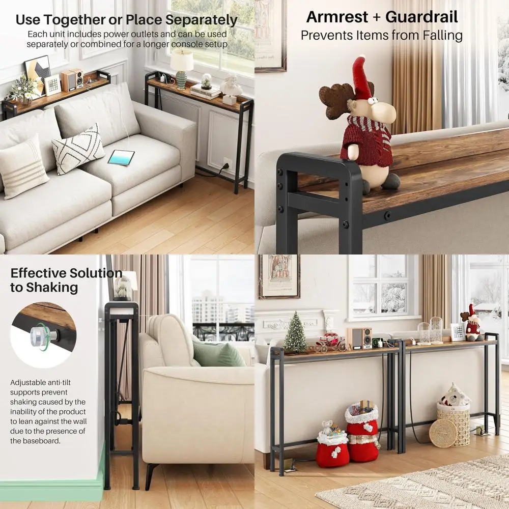 

Slim 2-Piece Console Table Set with Elevated Rear & Power Outlets, 79L x 5.9W x 33.3H, Espresso Sofa Side Table for Living Space