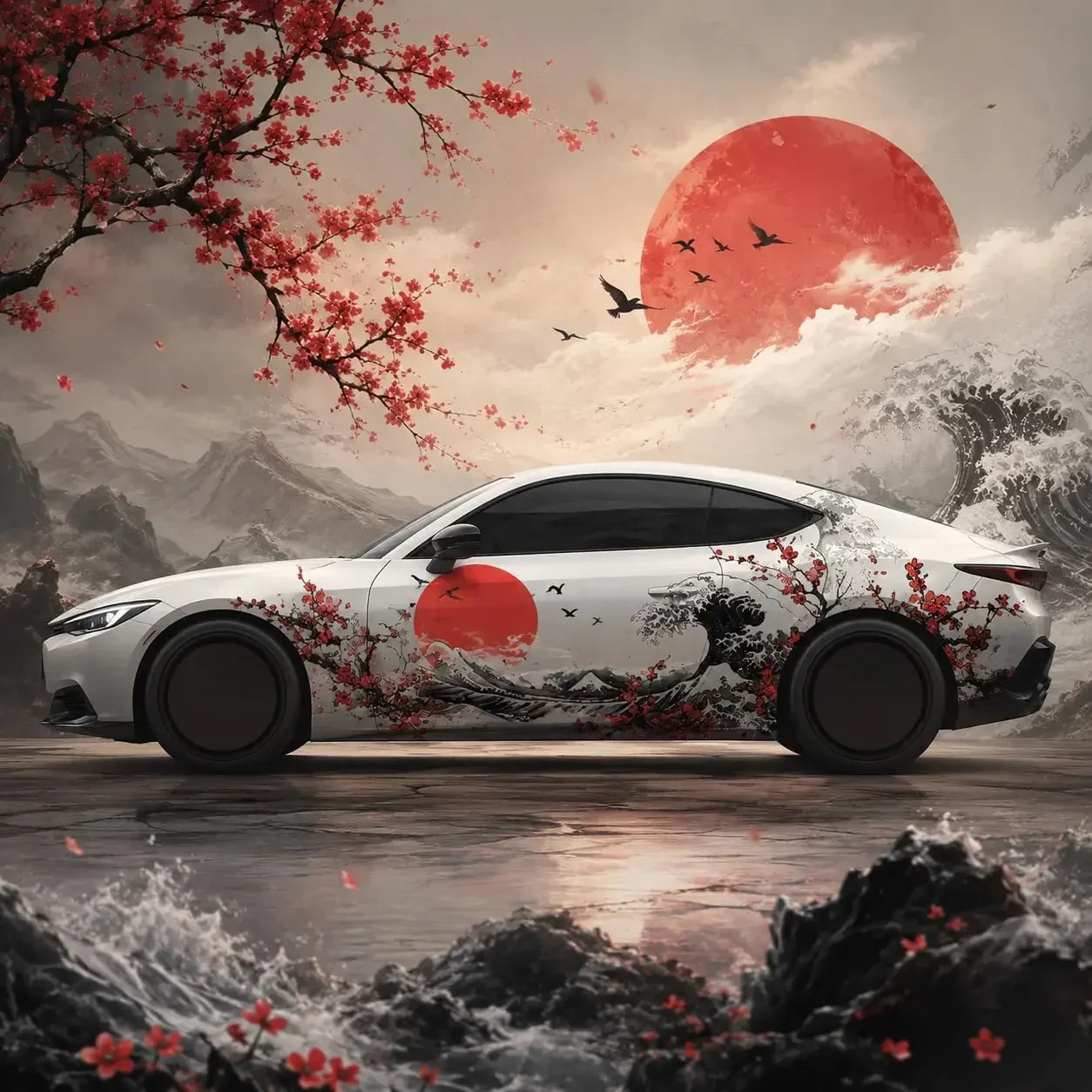 2pcs Japanese Wave Cherry Blossom Car Wrap Vinyl Decal Sticker