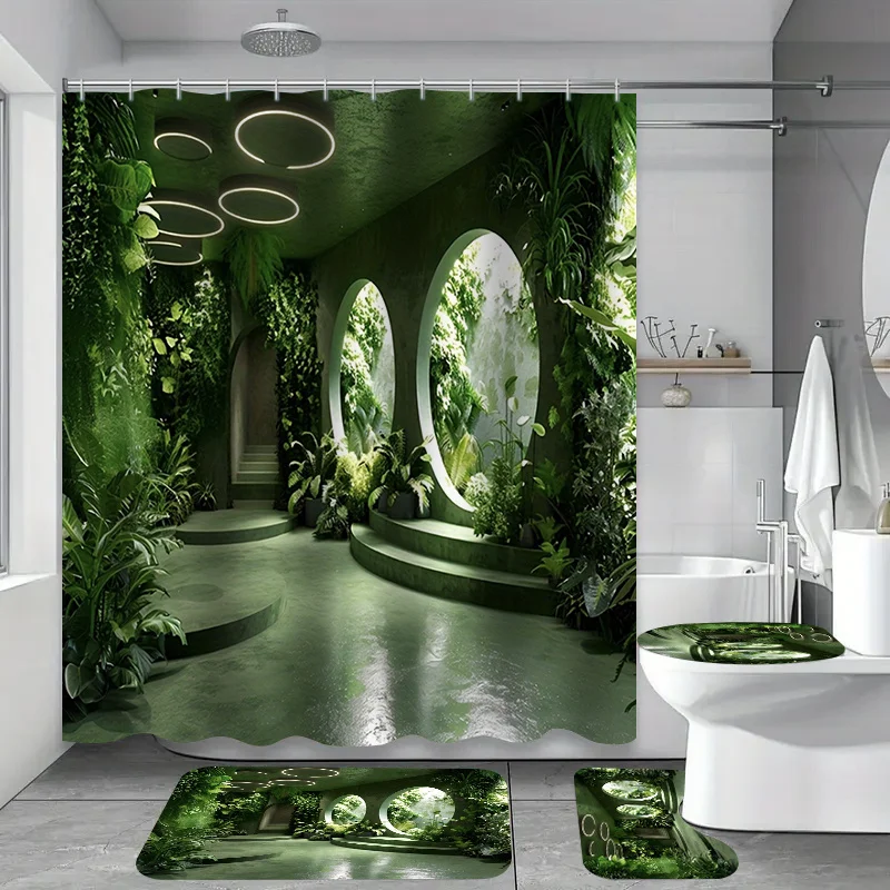 4Pcs 3D Visual Extension Green Jungle Plant Shower Curtain Set, Indoor Secret Garden Tropical Leaves Waterproof Shower Curtain With 12 Free Hooks, Non Slip Absorbent Bath Mat U Mat Toilet Lid Cover Nature Fresh Bathroom Decor Kit