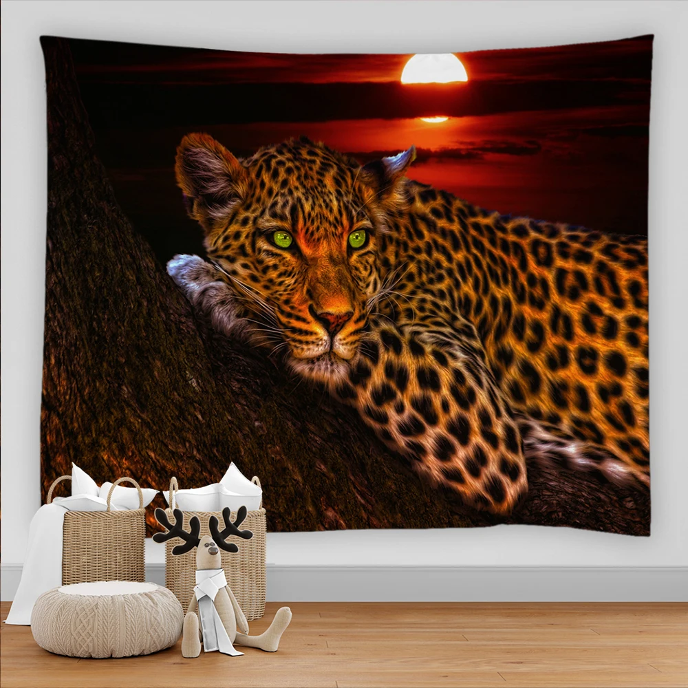 Night View Tapestry Animal Leopard Jungle Nature Scenery Wall Hanging Home Bedroom Asthetic Kawaii Room Decor 