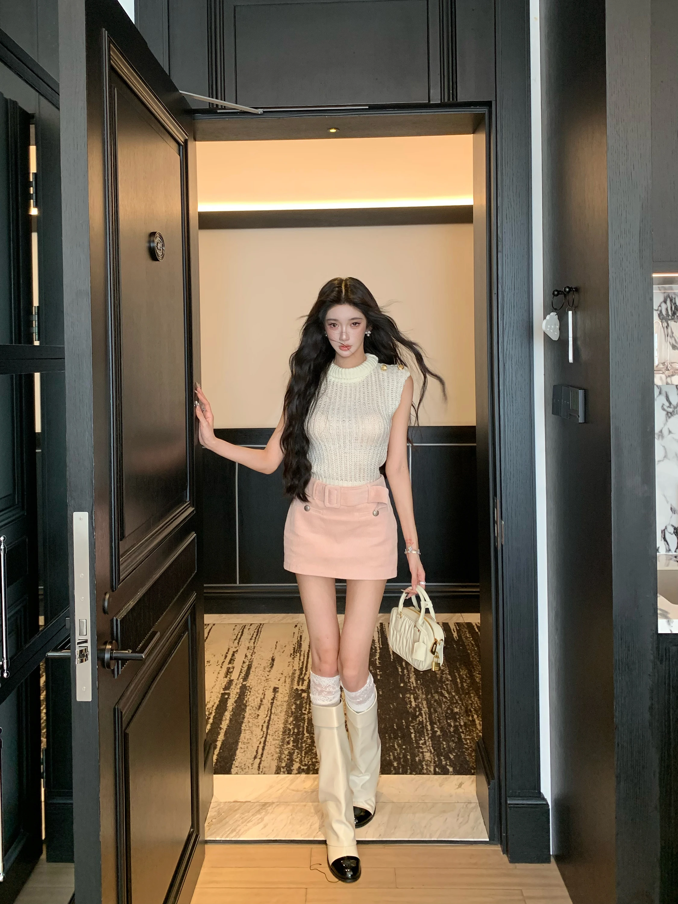 

Розовая вельветовая юбка для женщин, зимний модный комплект для вечеринок, короткая юбка-бодикон, новогодний наряд, простой хлопковый комплект M