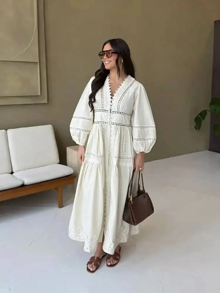 

Elegant V Neck Long Puff Sleeve Embroidery Female Dress Chic Hollow Out A Line Madi Dresses Women Fashion Spring Lady Robes 0R89