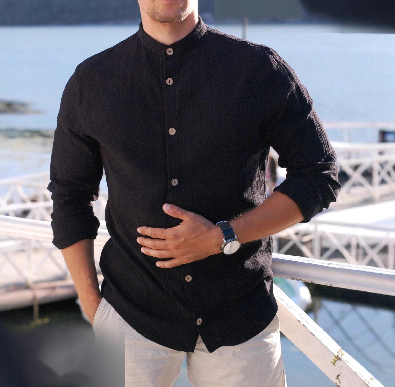 2026 Autumn New Slim-fit Casual Long-sleeved Shirt Men's Henry Cardigan Pure Cotton Shirt