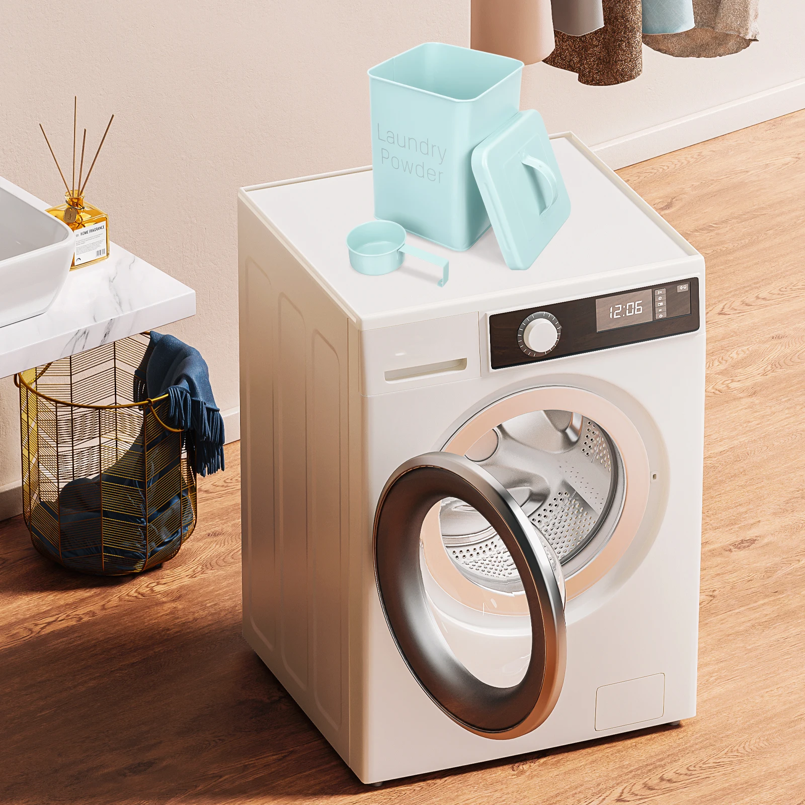 

1 set Laundry Washing Powder Storage Bucket Detergent Container Box Metal Iron Holder Multipurpose Organizing Travel