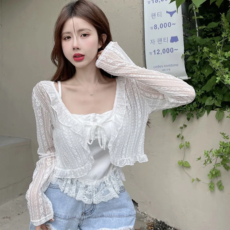 Short Sweet Lace Cardigan Sunscreen-proof Clothing Chic Strap Design Summer Breathable Thin Short Cutout Solid Color Cardigans