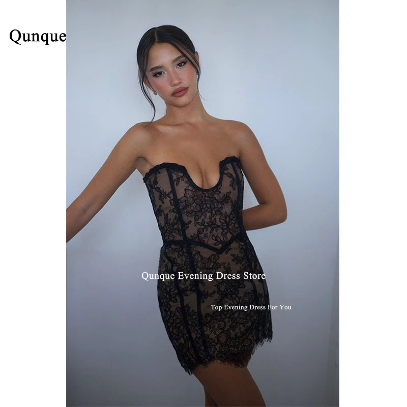 

Qunque High Quality Corset Mini Prom Dress Women's Formal Evening Gowns Black Sleeveless Lace Evening Party Dresses Customized