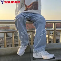 Korean High Street Loose Casual Pants Men's Embroidered Cross Flare New Jeans Denim Forwomen Men Same Paragraph Y2k baggy pants