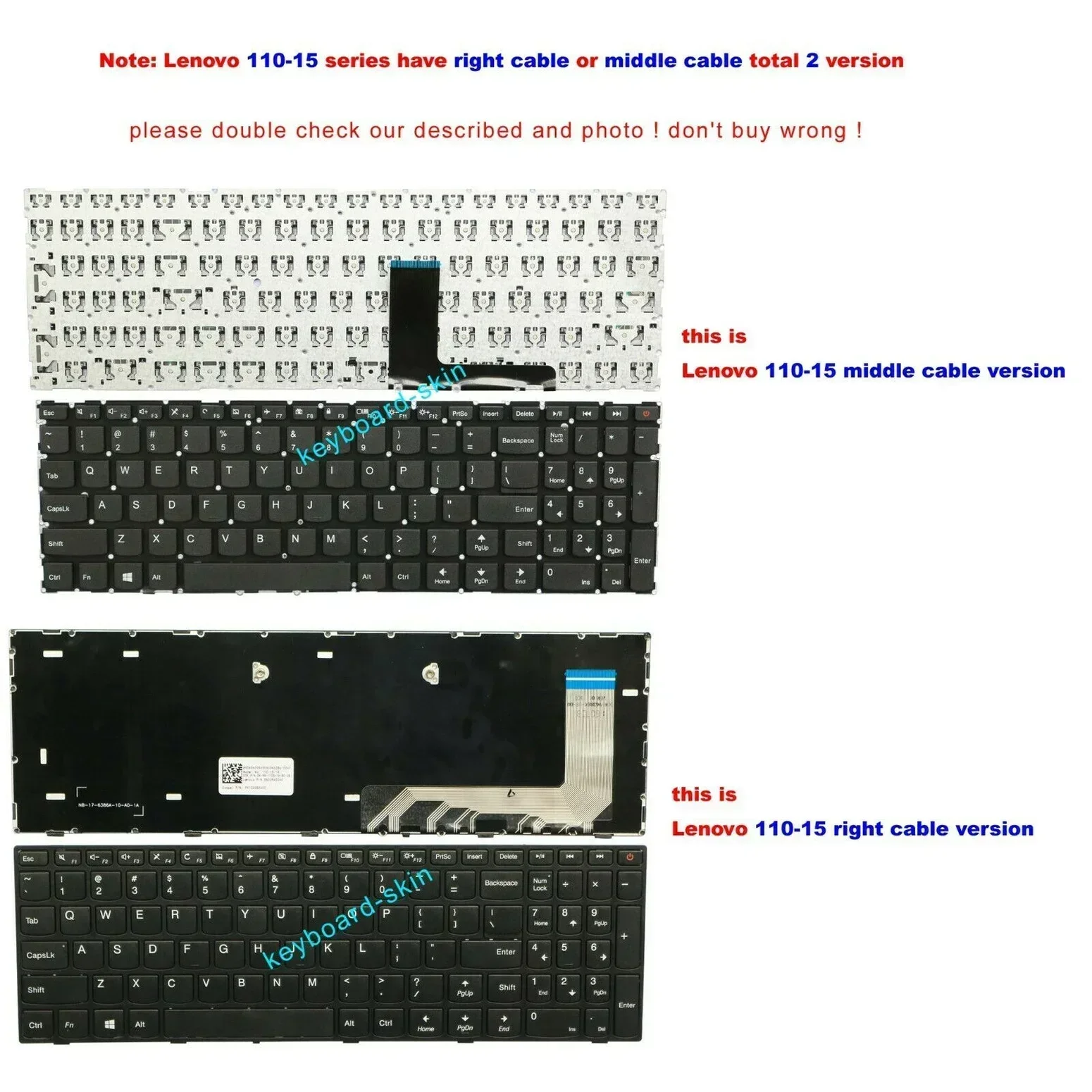 New US Keyboard No-frame for Lenovo 110 Touch-15ACL 110-15ACL 110-15AST 110-15IBR V110-15AST V110-15IKB V110-15ISK middle cable