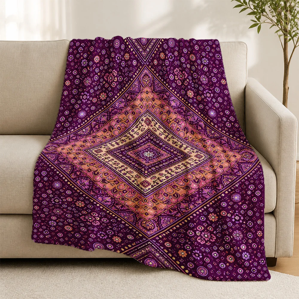 Boho Moroccan Throw Blanket Decorative Sofa Cover Luxury Purple Paisley Pattern Queen Size Indoor Couch Accent Throw Textile Bed