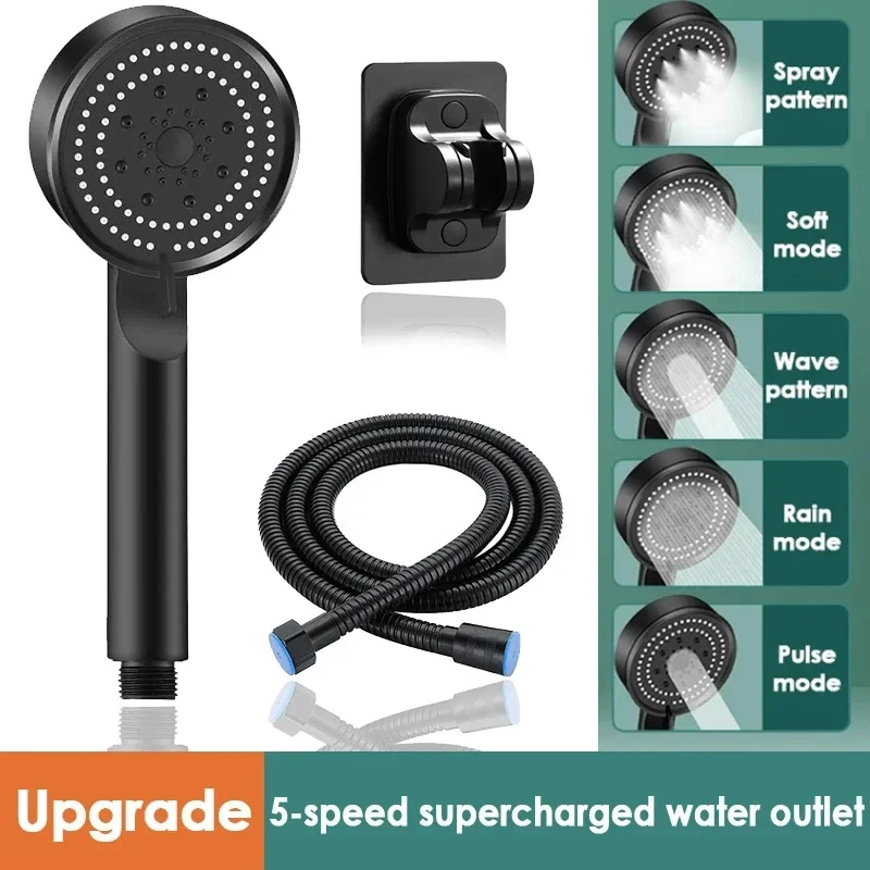 Black Shower Head with Hose Hook 5 Modes Adjustable High Pressure Shower Head Water Saving Showerhead Bathroom Accessories