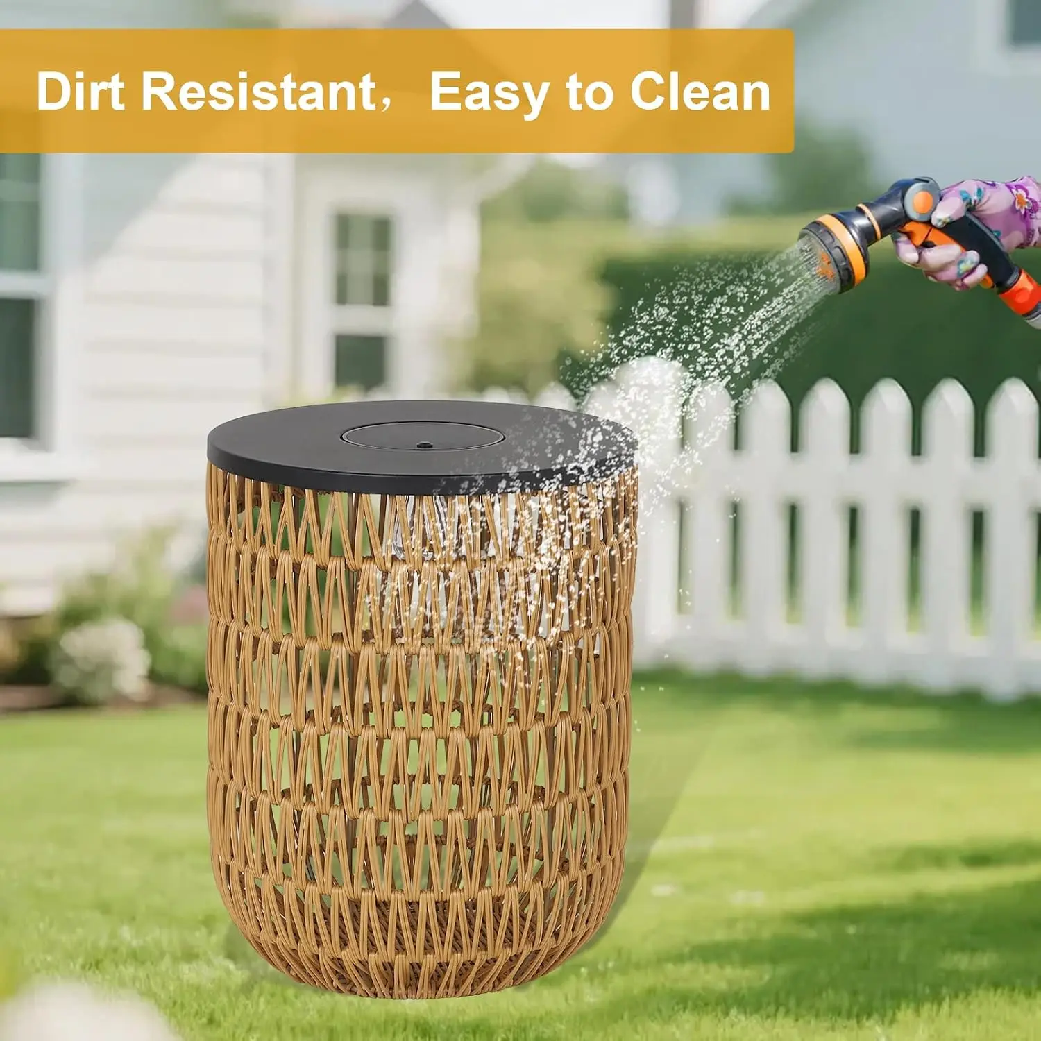 Dimmable Solar Rattan Patio Side Table Set Two Round Outdoor End Accent Poolside Gazebo Dusk Dawn