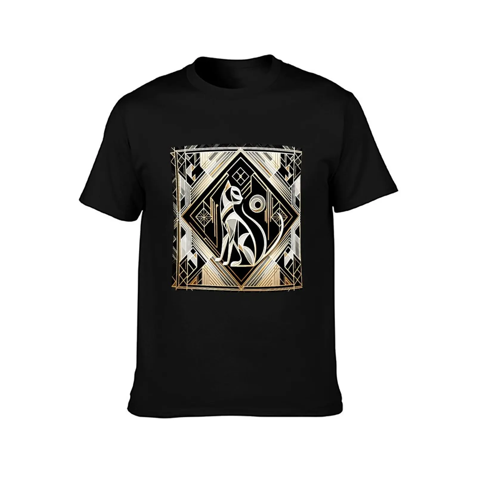 Art Deco Elegance - Cat Silhouette with Geometric Backdrop T-Shirt graphic shirts quick-drying T-shirts for men cotton