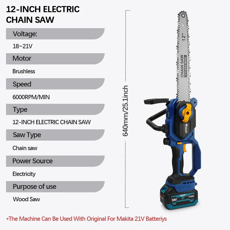 Electric Goddess Brushless 12in Electric Chain Saw Woodworking Handheld Cordless Saw Power Tool For Makita 18V Battery ﻿