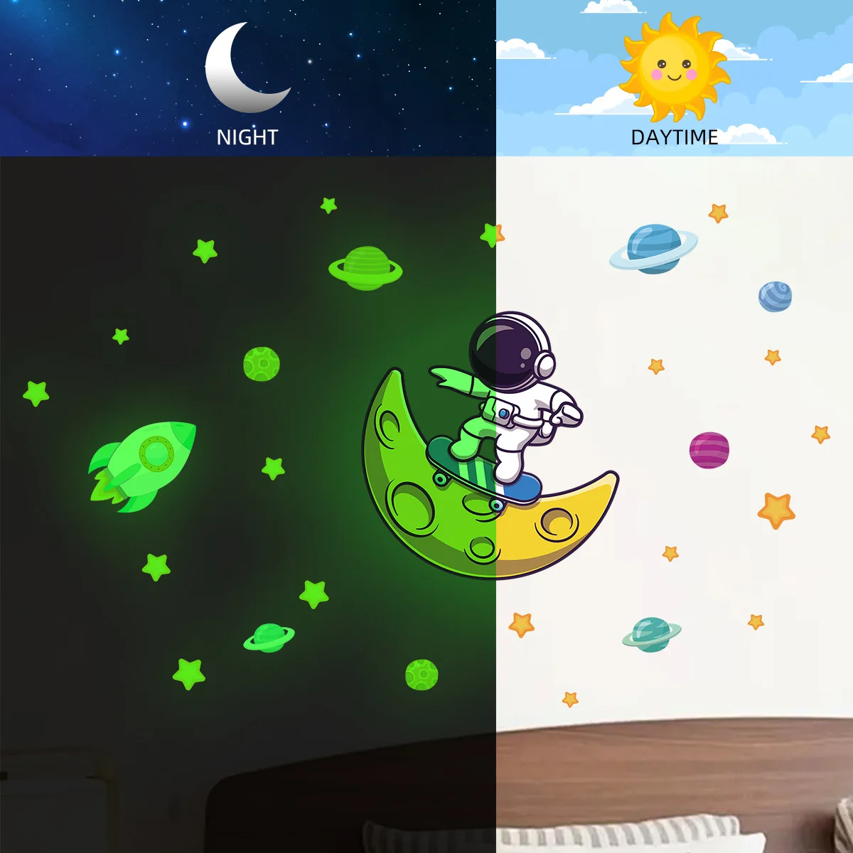 Cartoon Astronaut Space Luminous Wall Stickers Children's Room Decoration Cartoon Stickers Home Decoration Stickers Posters