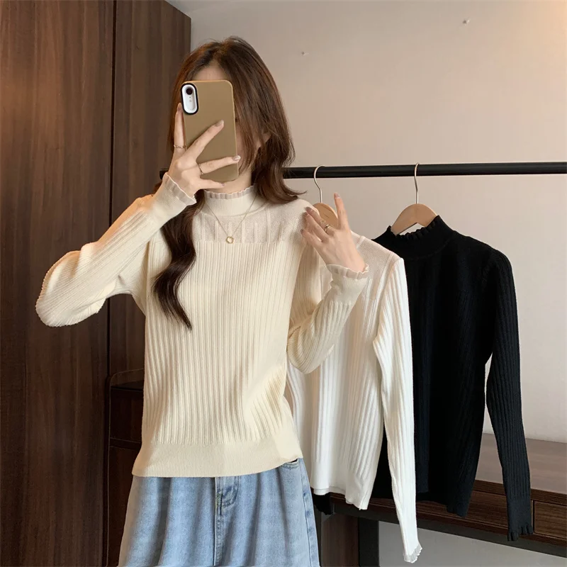 

2024 Women Winter New Semi-high-neck Bottoming Jumpers Female Lace Stitching Knit Tops Ladies Long Sleeve Sweater Tops V66