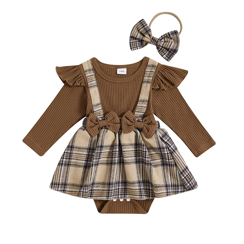 

Newborn Baby Girl Romper Fall Winter Outfit Plaid Romper Dress Long Sleeve Ribbed Knit Jumpsuit with Headband