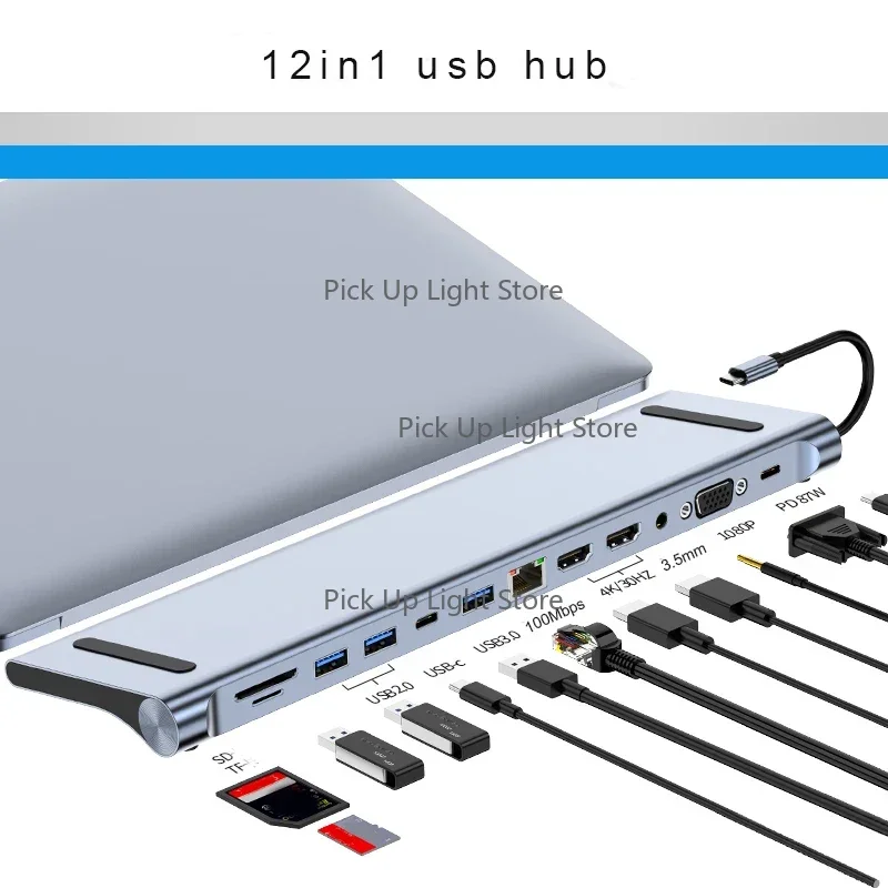 4K DP/HDTV USB-C Docking Station | 12-in-1 Multi-Port Hub Adapter for Laptops & Tablets